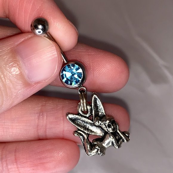 Tink Fairy with Aqua Blue gem, Fairy Design Dangle Belly Ring - Picture 1 of 15